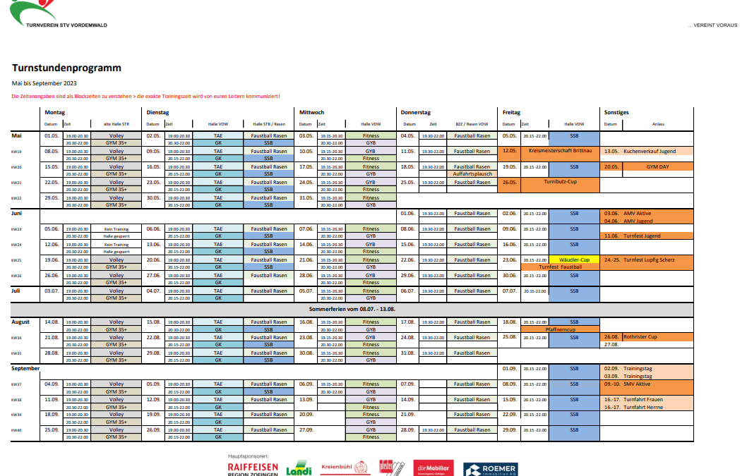 Turnstundenprogramm Mai- September 2023